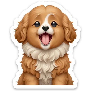 Cinematic Cute Yawning Apricot Cavoodle Portrait Emoji, Head tilted slightly with a dramatic, wide-open yawn, showcasing a soft, curly apricot coat with delicate white accents, floppy ears slightly drooping, round brown eyes barely open in drowsy contentment, Simplified yet irresistibly adorable features, highly detailed, glowing with a soft, cozy glow, high shine, relaxed yet expressive, stylized with a touch of whimsy, bright and endearing, soft glowing outline, capturing the essence of a sleepy yet affectionate companion, so drowsy it feels like it could stretch right out of the screen and curl up for a nap! sticker