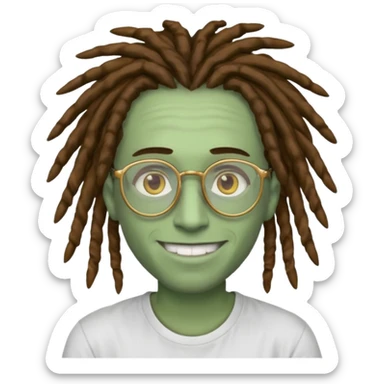 man with brown dreads white tee golden eyes light green skin glasses and white smile sticker