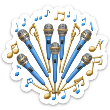 Create a harmonious and elegant emoji that represents choral singing. The design should feature multiple microphones arranged in a semi-circle, symbolizing a choir. Add musical notes flowing around to represent the harmony and unity of the voices. Include subtle elements like sheet music or a conductor's baton to reflect the organized aspect of choral performance. Use colors like gold, silver, and soft blue to evoke a sense of togetherness, professionalism, and grace. The background should be transparent. sticker
