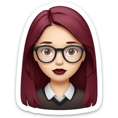 white-skinned girl with long brown hair showing maroon under hair, brown glasses, brown lipstick sticker