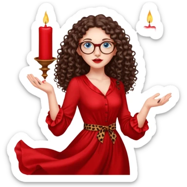 a blue eyed woman with very long brunette curly hair, full lips,and really pale skin. She is wearing a leopard printed thin round-ish glasses . She is wearing fully plain silky red dress. She is flying on the air. There are red candles in her hands. She is making a magic. sticker