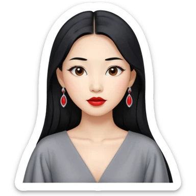 30 yr old asian woman, middle parted straight long black hair, very pretty, fancy grey dress, earings, red lipstick, silver earings sticker