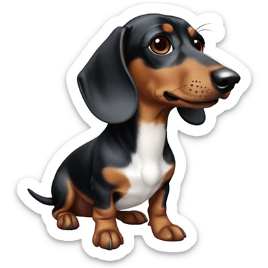 a dachshund, features a smooth coat with a white body patterned with dark brown patches and a brown head shaded with darker tones.  one blue eye sticker
