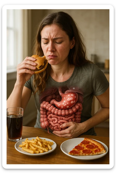 donna con candida intestinale realistic mangia cibo ultraprocessato che fa crescere la candida intestinale sticker