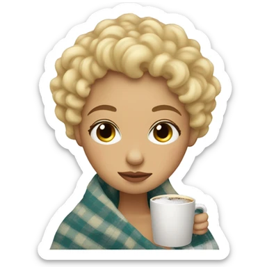 Blonde short hair curly girl inside a blanket sipping coffee eyes closed sticker