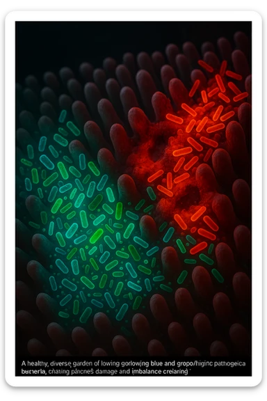 Scientific visualization of a man's intestinal lining. A healthy, diverse garden of glowing blue and green probiotic bacteria is being overtaken and outnumbered by aggressive, inflammatory red and orange pathogenic bacteria, creating patches of damage and imbalance. Dark, clinical background. sticker