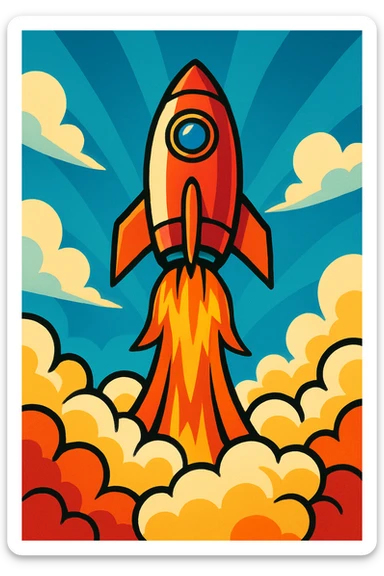 rocket ship blasting off viewed from below with fiery exhaust and clouds of smoke dynamic energetic style sticker