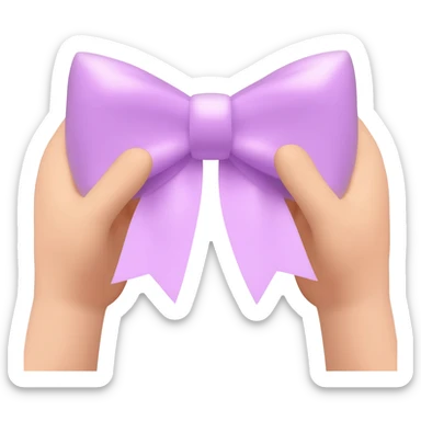 Emoji style, two soft rounded hands holding a delicate pastel violet satin bow, coquette aesthetic, glossy finish, clean background, Apple iOS style. sticker