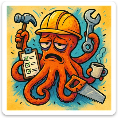 A cartoon octopus worker wearing a helmet, looking exhausted. The octopus holds a hammer, checklist, wrench, saw, and coffee cup in its tentacles, showing a sense of being overworked and rushed, vibrant and expressive illustration. sticker