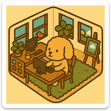 Edit the illustration to place the dog using the computer that is on the table behind him, maintaining the original illustration style and composition. sticker