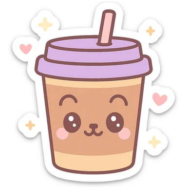 kawaii style takeaway mocha cup, cute animal face on the cup, pastel background, small hearts and stars, joyful mood sticker