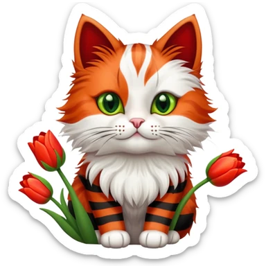 tricolor fluffy cat with big green eyes holding red tulips in her arms sticker