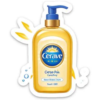 White CeraVe pump bottle with blue label and bright yellow  glow badge. Floating in golden morning light, encircled by radiant sunbeams and shimmering protective particles. Shield Glossy, potion-like, symbolizing daily moisture and powerful sun defense. sticker