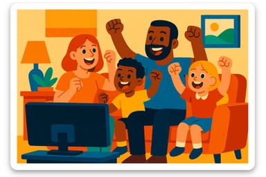 family cheering while watching a sports game on television in a cozy setting sticker
