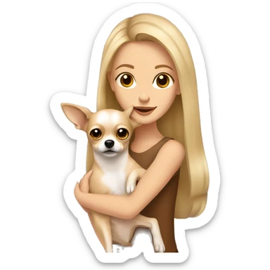 long dirty blonde hair, brown eyes, caucasian lady hugging tan chihuahua sticker