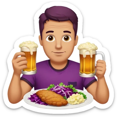 German man eating schnitzel, potato salad, red cabbage, sauerkraut, and beer sticker