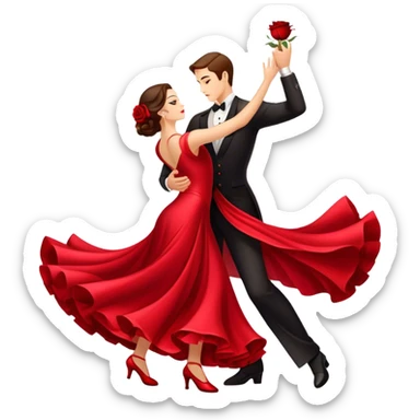 Icon for Ballroom Dancing: a pair of ballroom dance shoes, a rose, a dance floor, a flowing, voluminous ballroom dress in motion, and a shining spotlight. The icon should represent the elegance and atmosphere of ballroom dancing, focusing on the attire and setting. Transparent background. sticker