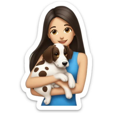 beautiful woman with dark long straight hair and brown eyes hugs a spotted puppy sticker