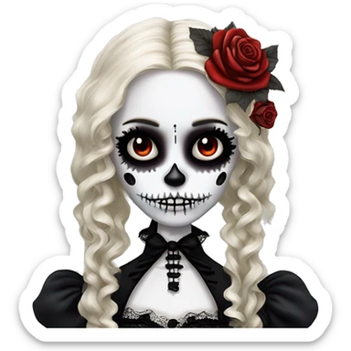 Skeleton, Tim Burton style, cracked porcelain doll face, goth makeup, long hair, lace, ruffles, Lolita fashion, inked, red roses, gothic castle. sticker