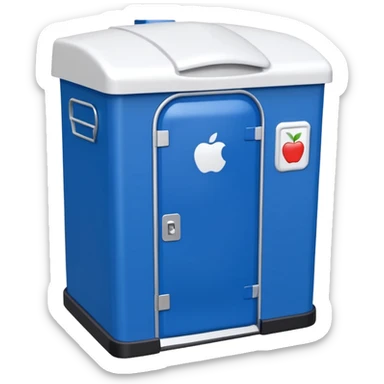 portable toilet portaloo blue plastic with white roof front door visible apple emoji style sticker