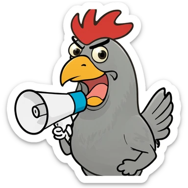 goofy over-the-top rooster with a megaphone yelling 'tung tung tung sahur', brainrot meme-inspired style sticker