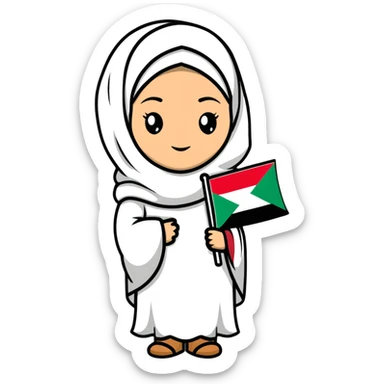 a hijab-wearing girl wearing the Palestinian keffiyeh and holding the Oman flag, cartoonish sticker style sticker