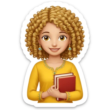 a pretty bratz girl with curly hair wearing a yellow kurti, eyeliner, jhumkas, carrying books sticker