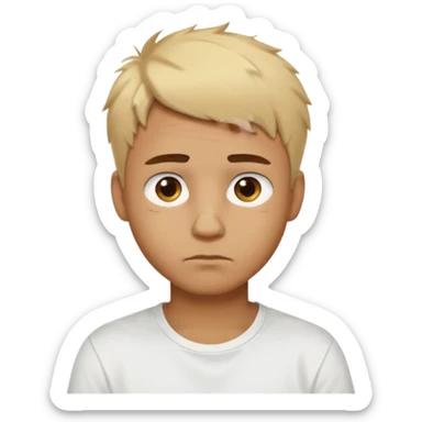 Male with short, messy blonde hair, large expressive golden-brown eyes, brown skin color, scar over nose, wearing a plain white t-shirt. sticker