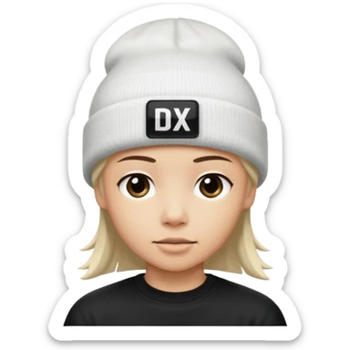 wearing a white beanie with an black square logo with the word "DX" written on it.

 sticker