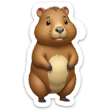 cinematic-capybara-realistic-full-body-on-standing-emoji,-plump-and-relaxed-body-soaking-in-the-warm-sun,-short-brown-fur-slightly-ruffled,-head-tilted-dramatically,-calm-expressive-eyes-exuding-serene-wisdom,-simplified-yet-realistic sticker