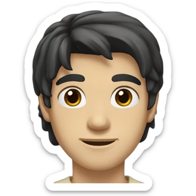 a white teenager with a long classic hairstyle, he has black hair, he has black eyes, he also has a beige T-shirt, he is tall, he has an elongated neck and head sticker