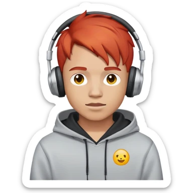 young male with red hair, wearing headphones and a hoodie with 'woojuo' printed on the chest, emoji style, simple and bright sticker
