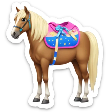 Sad horse wearing a beauty pageant satchel sticker