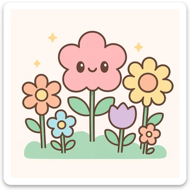 flower bed with various flowers, bright and warm colors, simple and cute style sticker