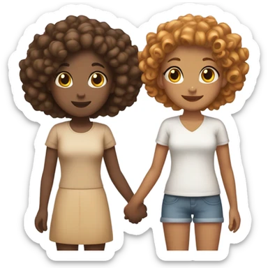 Full body, Two girls holding hands Carmel skin  one  with a curly bun and one feminine with curly hair sticker