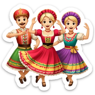 Cinematic Realistic Mazurka Dance Emoji, depicted as a lively traditional Polish folk dance scene with colorful costumes and spirited movement, rendered with dynamic textures and vibrant festive lighting that captures its rhythmic energy. sticker