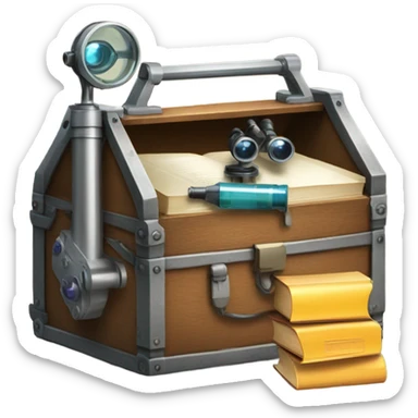 toolbox for scientist with a book, glasses, microscope sticker