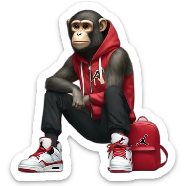 Monkey wearing Jordan 4 on its  feet with a bunch of Nike clothes sticker