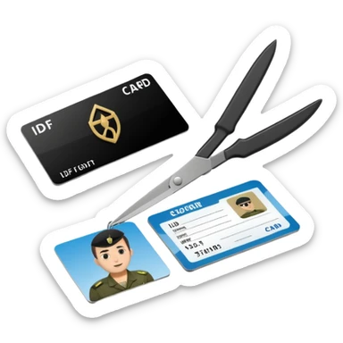 Floating black Scissors cutting in half an idf soldier ID card with a little chip in 2 parts .hyper realistic sticker