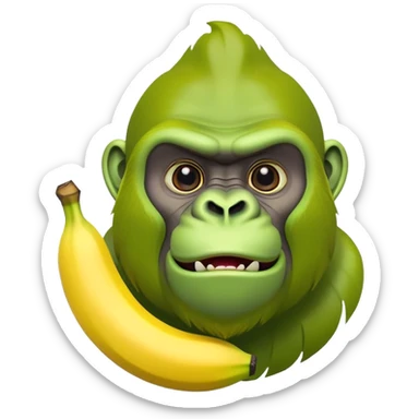 A yellow curved banana with a bright green gorilla head at the top, with gorilla facial features sticker