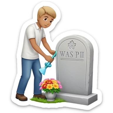Man cleaning a headstone that has a flower vase sticker