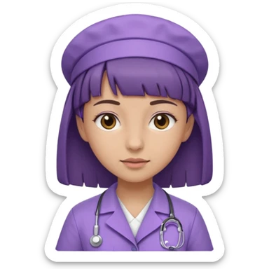 A young female slim nurse with short Brown hair with fringe over her forehead, wearing larvendar purple working cloth sticker