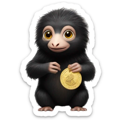niffler from fantastic beasts films holding a gold coin sticker