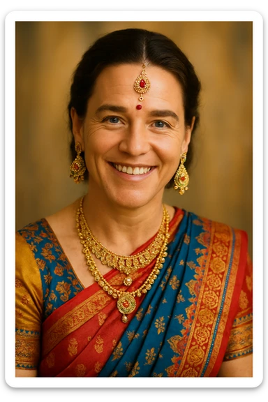 a famous Western celebrity reimagined as an Indian person in traditional attire, vibrant colors, friendly expression sticker