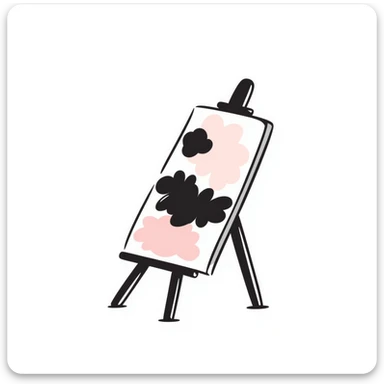 A wooden artist easel/painter's easel with a canvas in pastel colors (dd9fb0, ffc6d3, a3bfc9, c4bee2, f1b091), hand-drawn doodle style sticker
