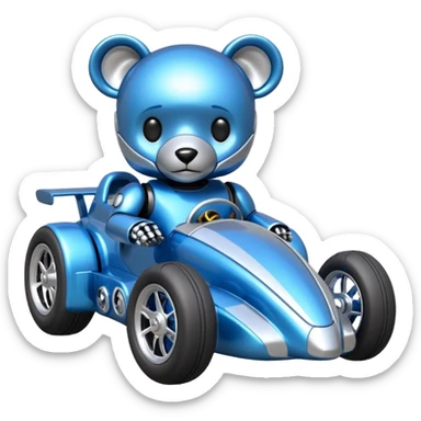  Metallic blue and lightly chrome-accented  kid-sized race car for scary robot teddy bear with custom aero body and rear wing and motorcycle-sized wheels  sticker