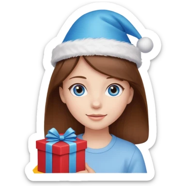 girl with brown hair and blue eyes, holding a present, wearing a birthday hat sticker