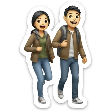 Cute young  Asian couple excitedly traveling  sticker