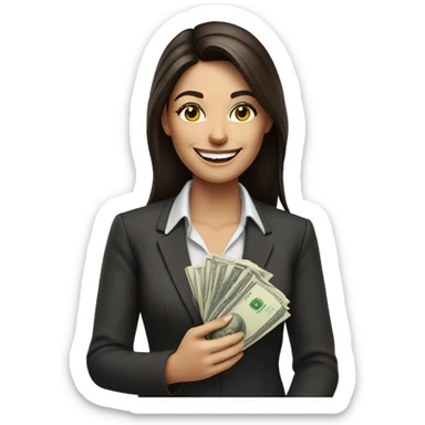 brunette business woman with money in her hand, smiling sticker