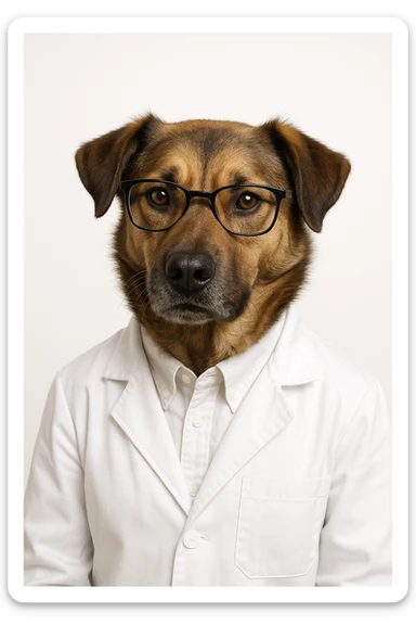 realistic scientist dog wearing a lab coat and glasses, white background sticker